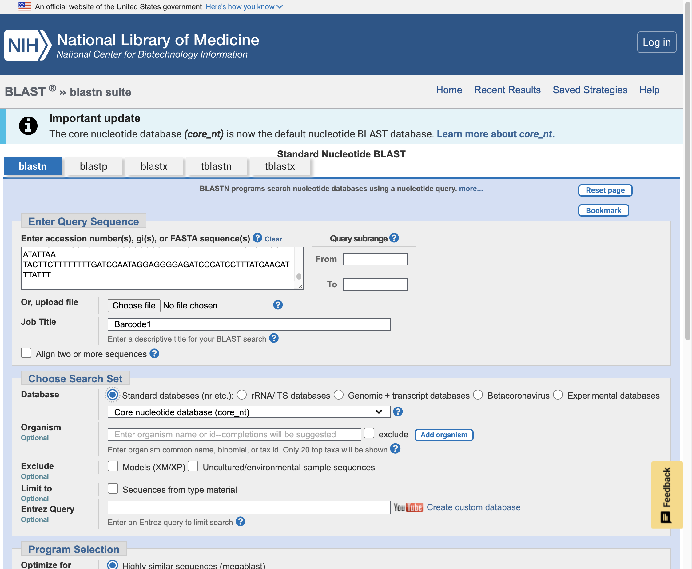In the 'Choose Search Set' section, the 'Standard databases (nr etc.)' should be checked.