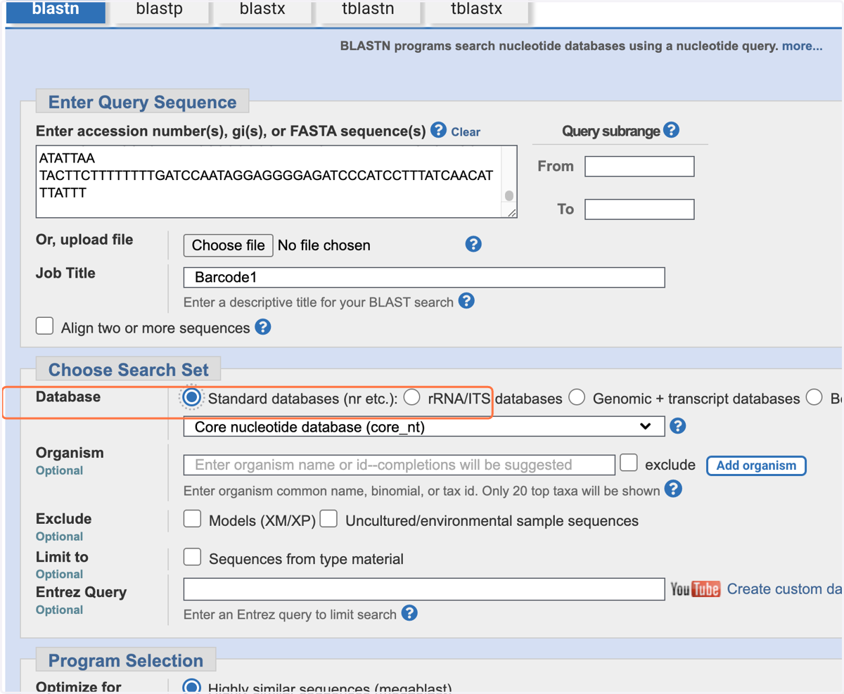 In the 'Choose Search Set' section, the 'Standard databases (nr etc.)' should be checked.