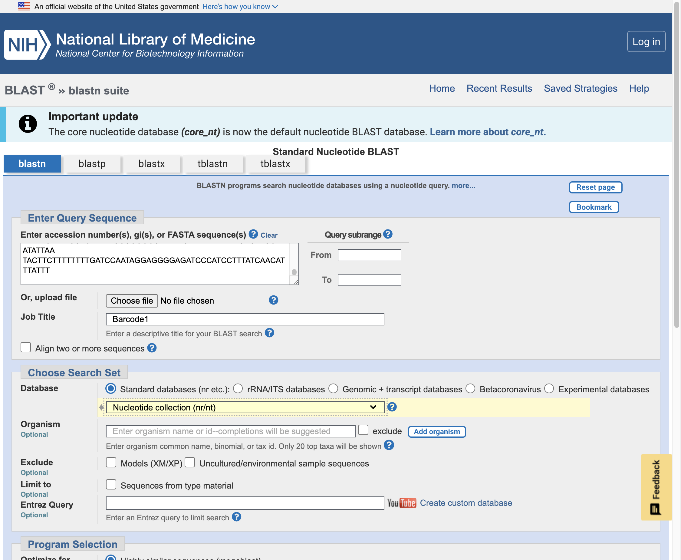 Select 'Nucleotide collection (nr/nt)' from the drop down menu.