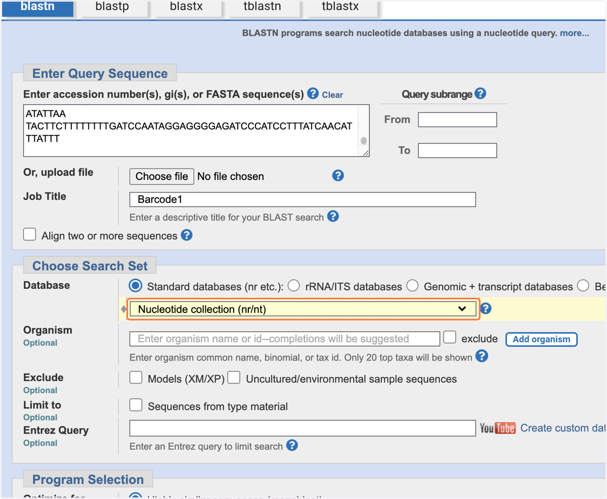 Select 'Nucleotide collection (nr/nt)' from the drop down menu.