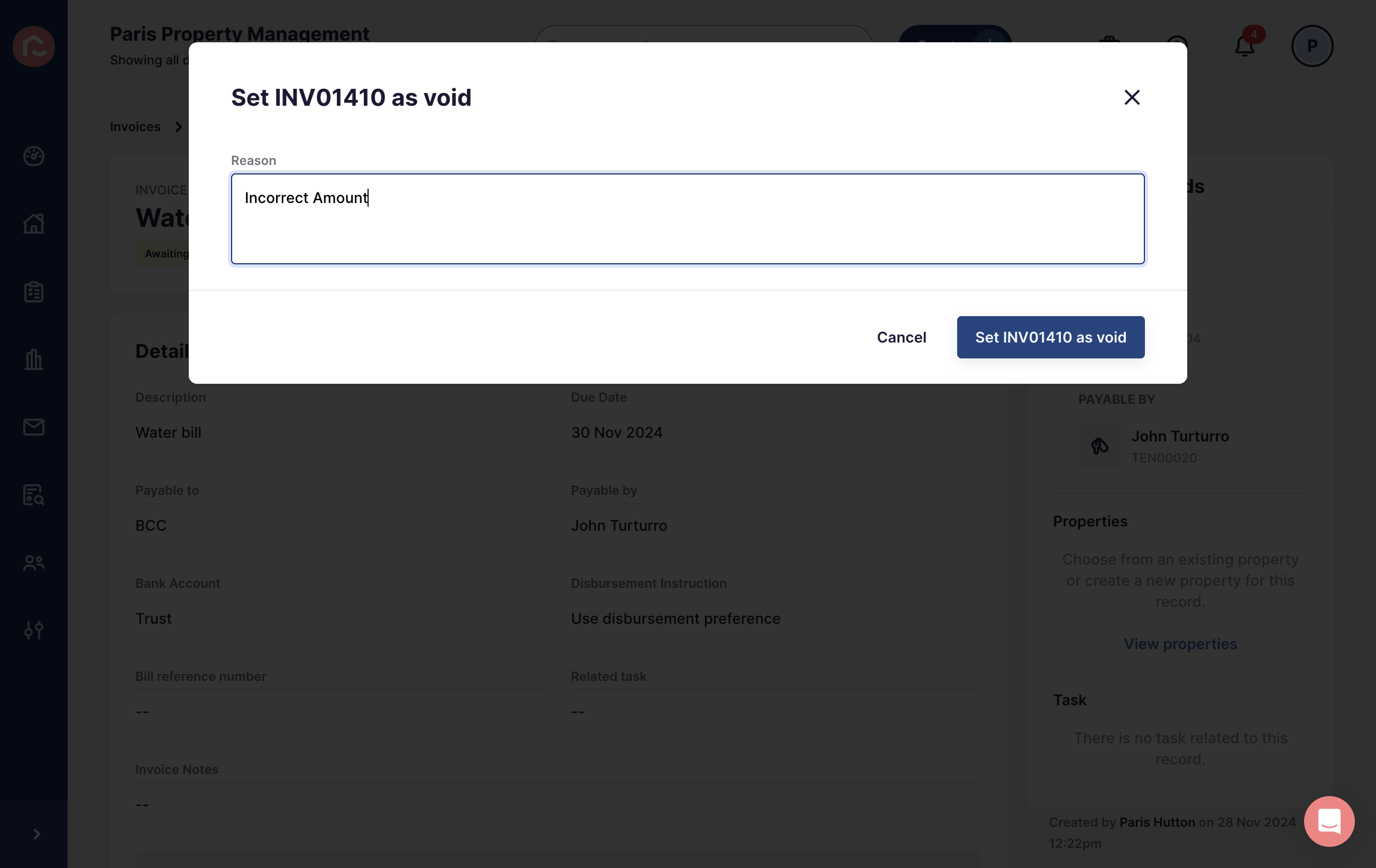 Click on Set INV01410 as void