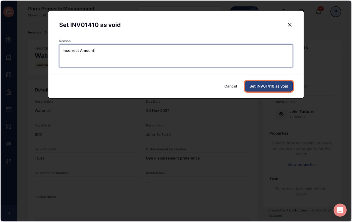 Click on Set INV01410 as void