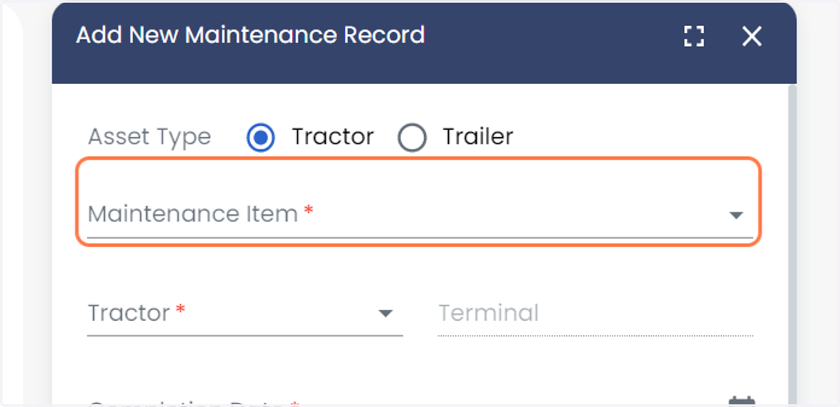 Select the Maintenance Item from the dropdown menu