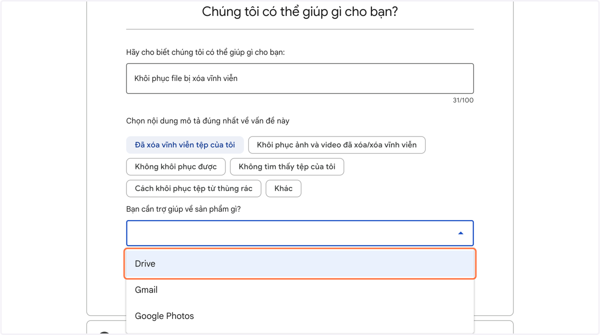 Chọn Bạn cần trợ giúp về sản phẩm gì? Chọn Drive