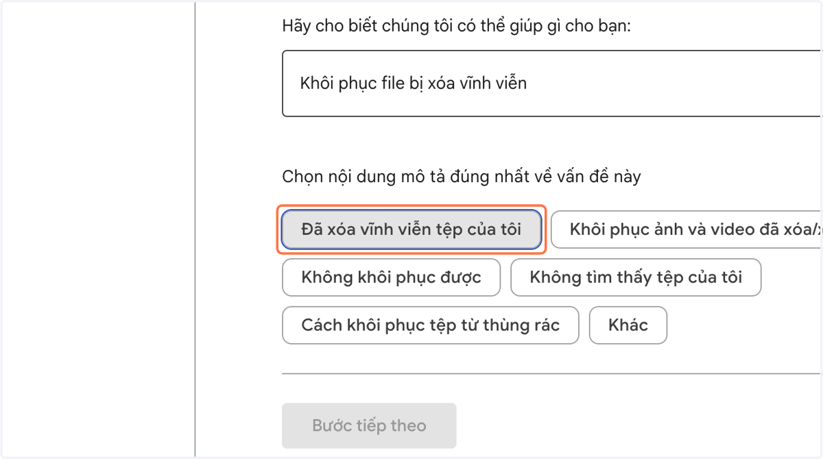 Chọn vào Đã xóa vĩnh viễn tệp của tôi