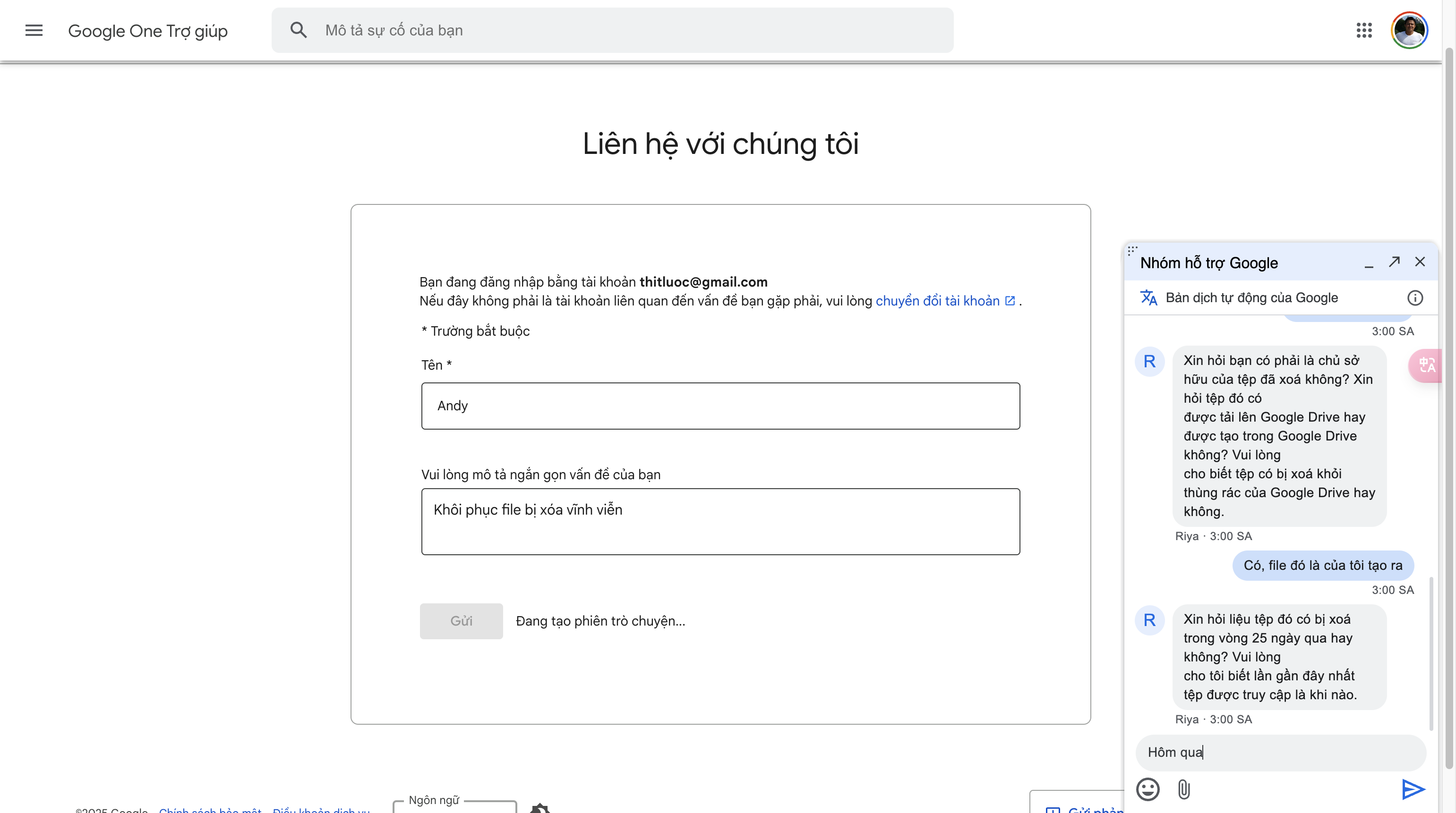 Bắt đầu nói chuyện với đội hỗ trợ.