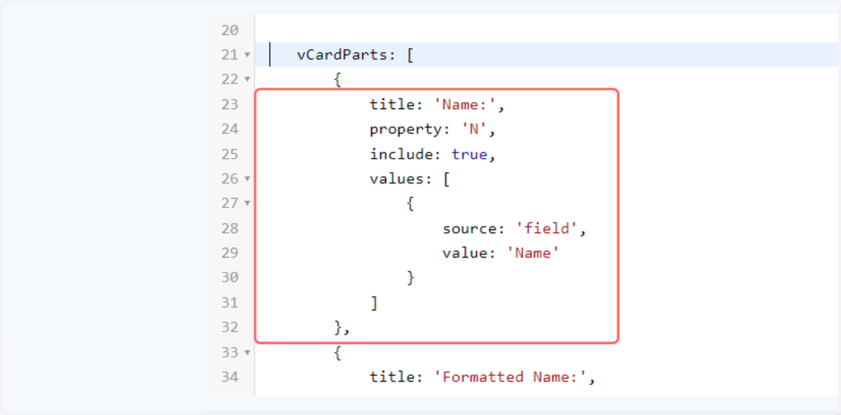 Configuring vCard data (Example 1 - Name)