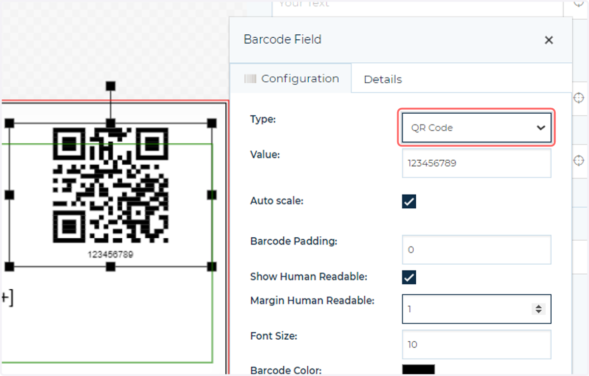 Configure the barcode to display a QR format