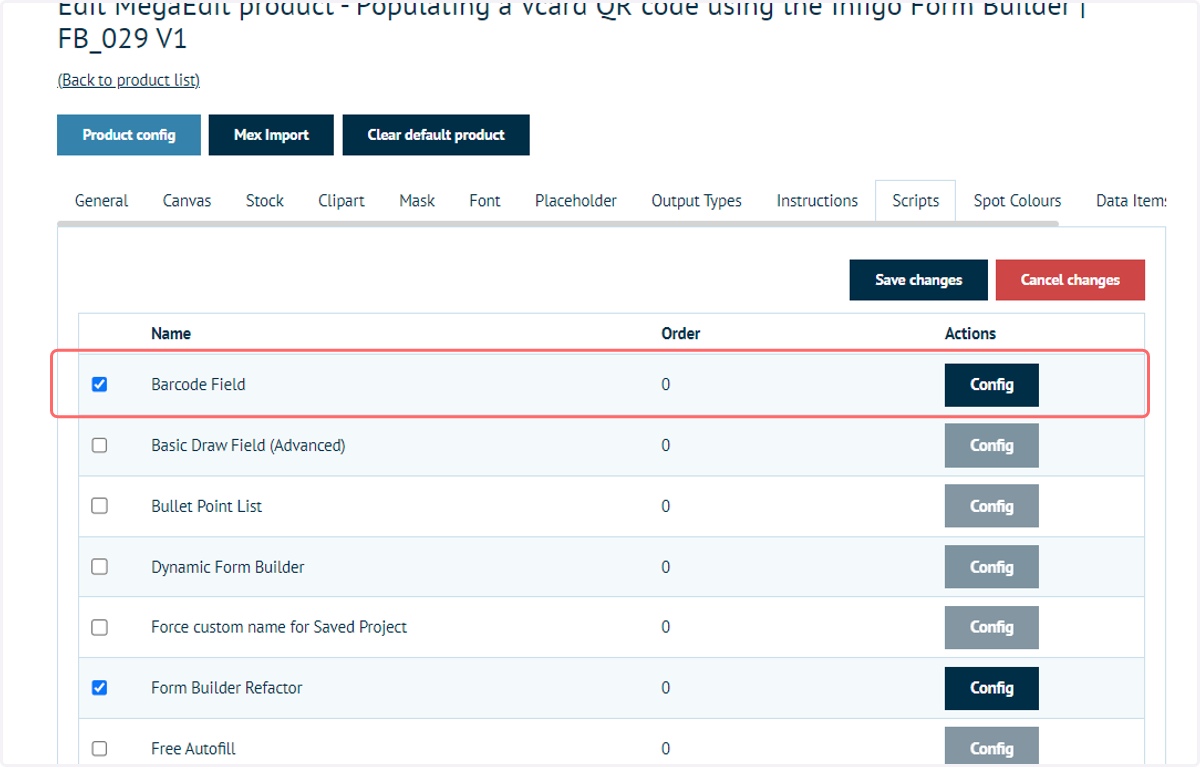 Enable the Barcode Field script on your product