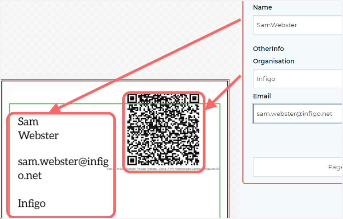 Entering information into the form fields will both populate the QR code contents, as well as the linked fields and variables
