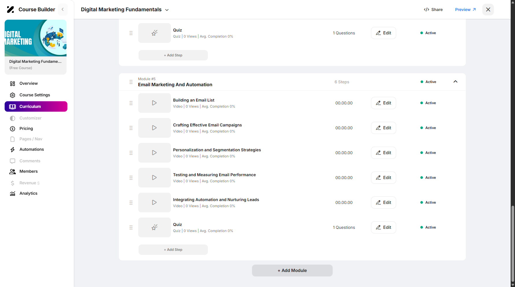 Step 8: From the Curriculum page, scroll to the very bottom and click + Add Module.