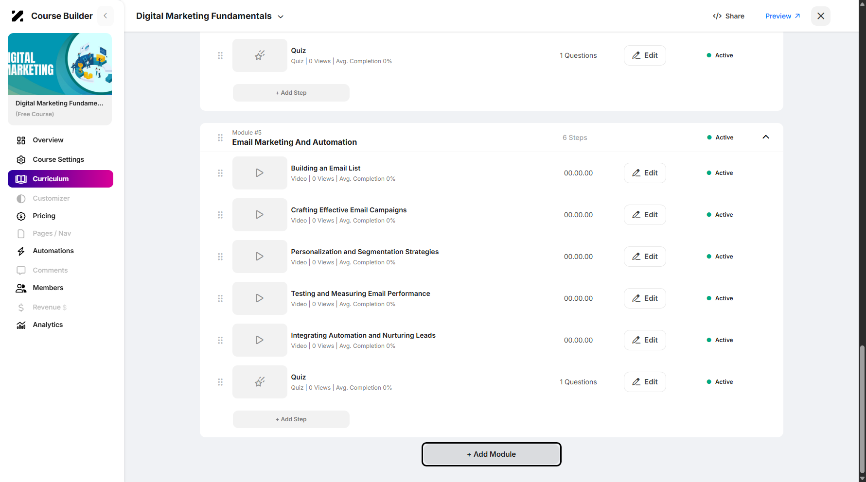 Step 8: From the Curriculum page, scroll to the very bottom and click + Add Module.
