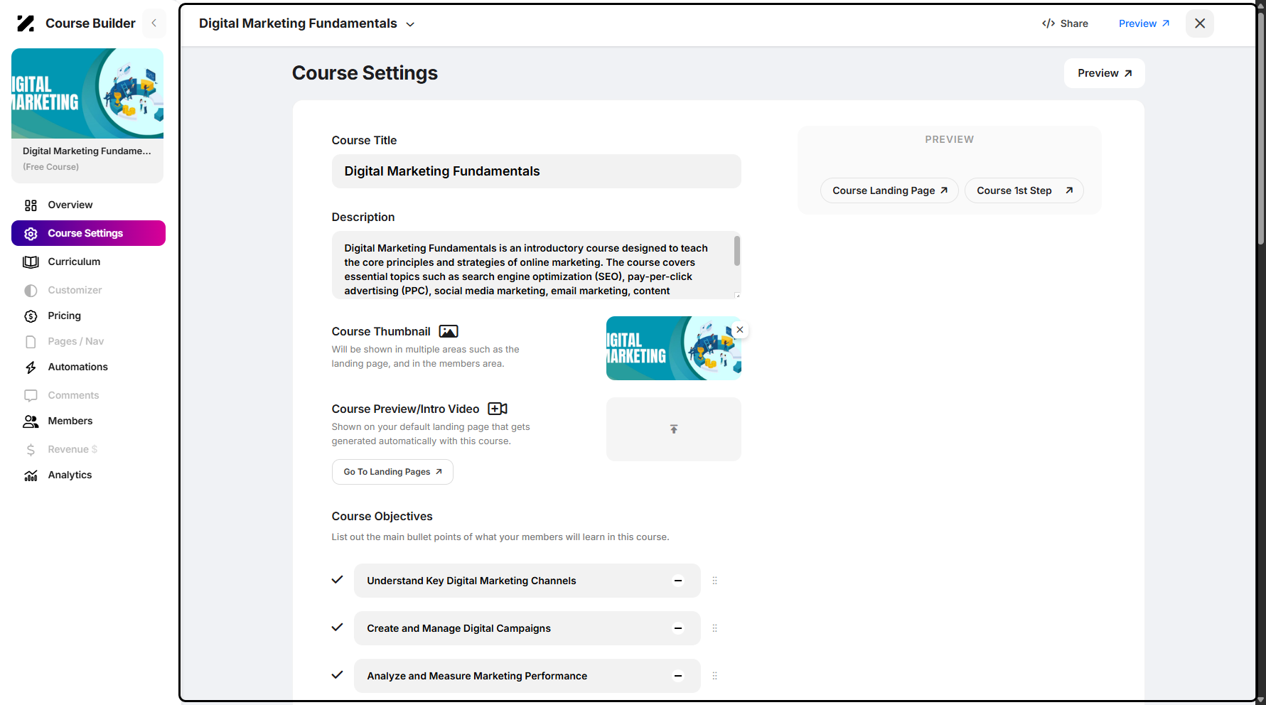 Step 5: You will then be taken to the Course Settings page.