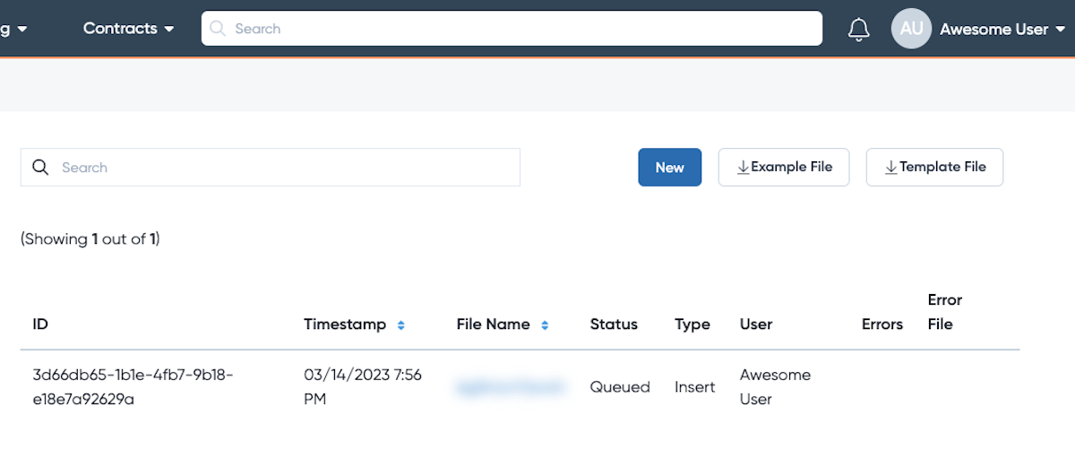 The resulting page will show the processing status of the Insert file you've provided along with past Insert requests.