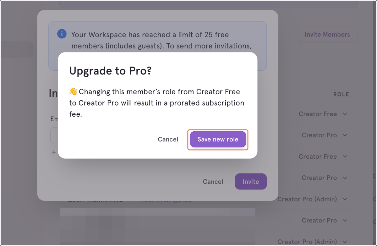 Click on Save new role to start the prorate Tango Pro subscription