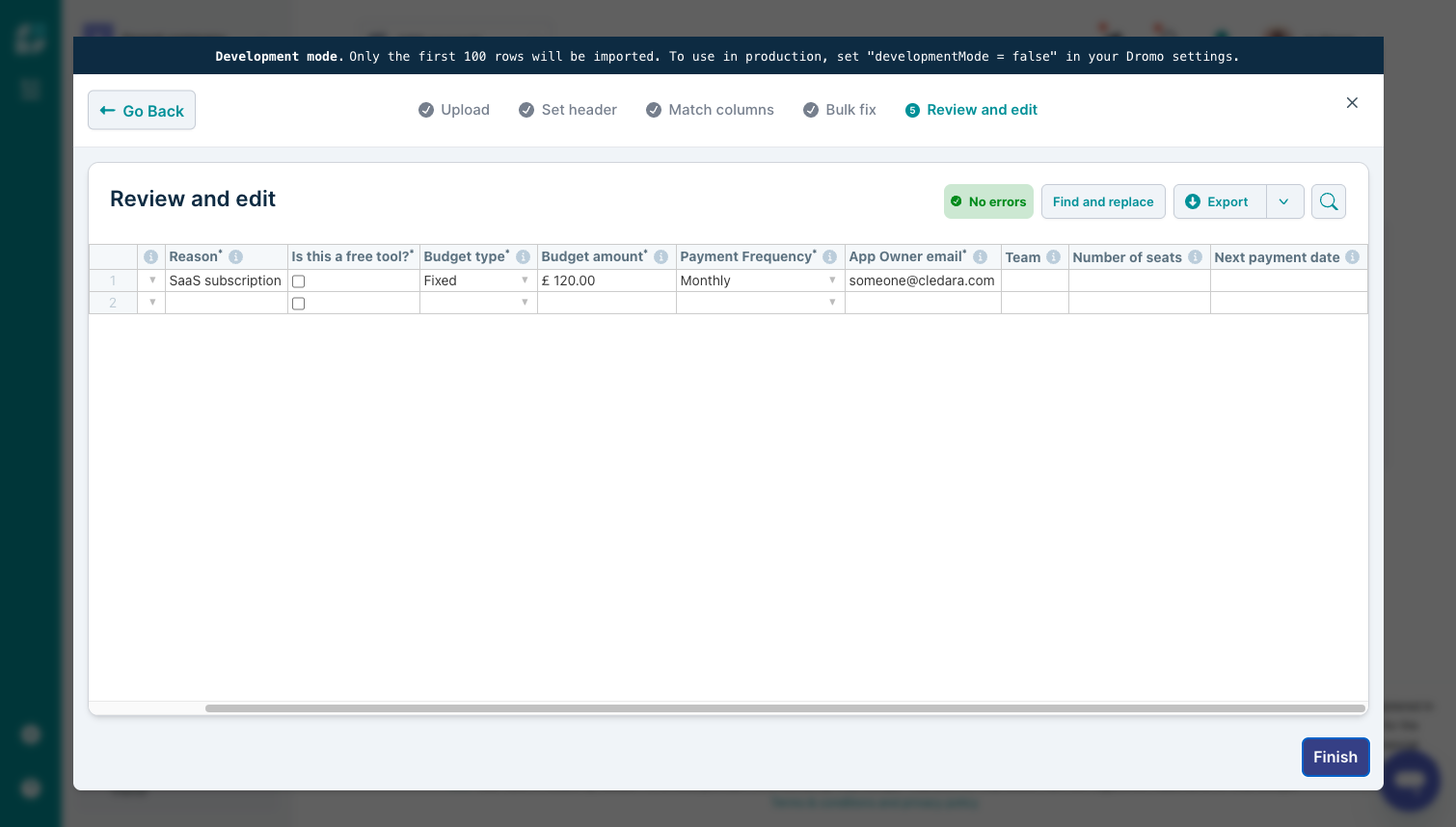 Review the imported content and continue your edits if necessary. When all your applications are there, and no errors are found, click Finish.