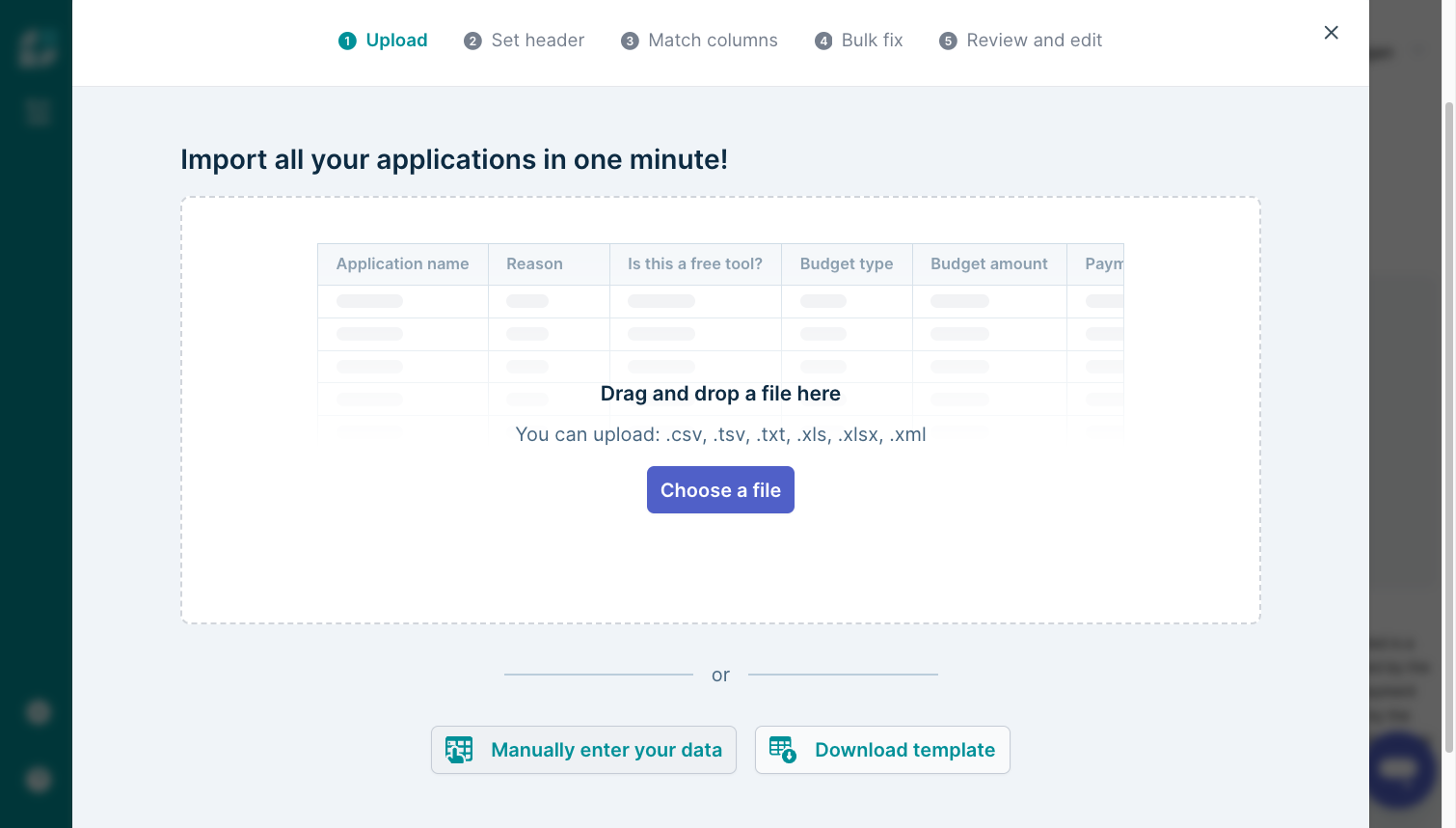 To start from scratch, click Manually enter your data to edit the sheet online. You can also click Download template, compile your sheet offline, and then import the completed sheet later.
