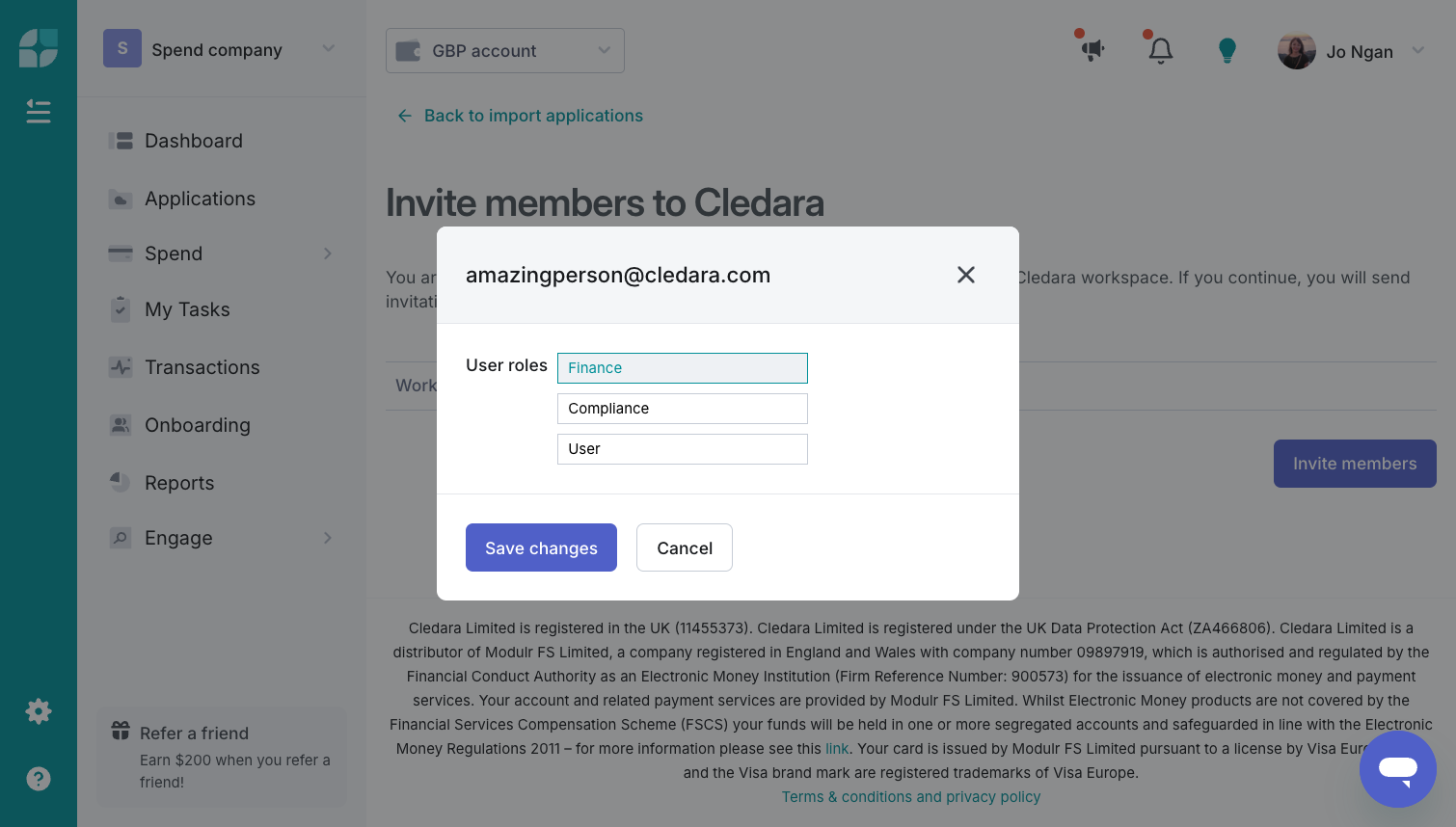 Admins can set users as Finance, Compliance, or User; while the Primary Contact can set users as Admin.