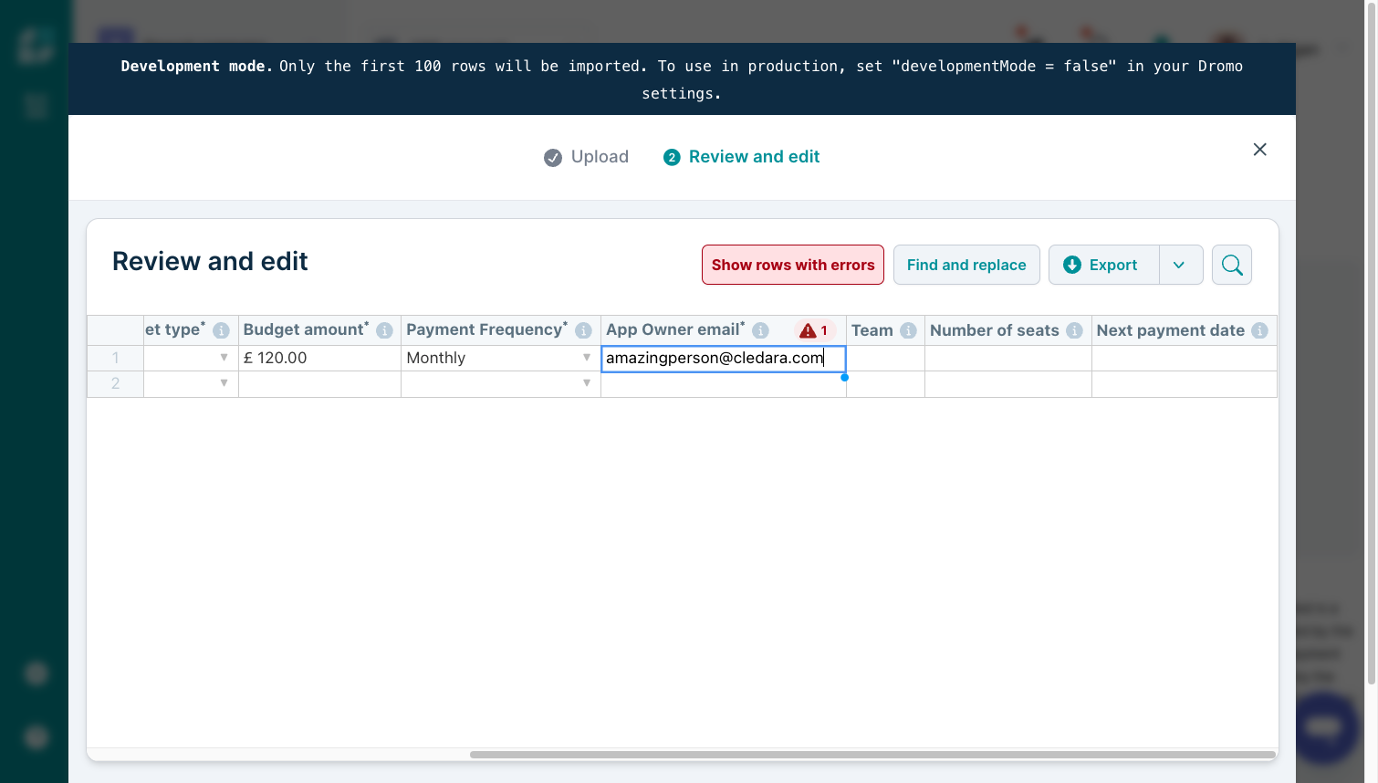 Fill in the sheet. Columns marked with * are mandatory. You can click on Show rows with errors to identify any cells that need modification.