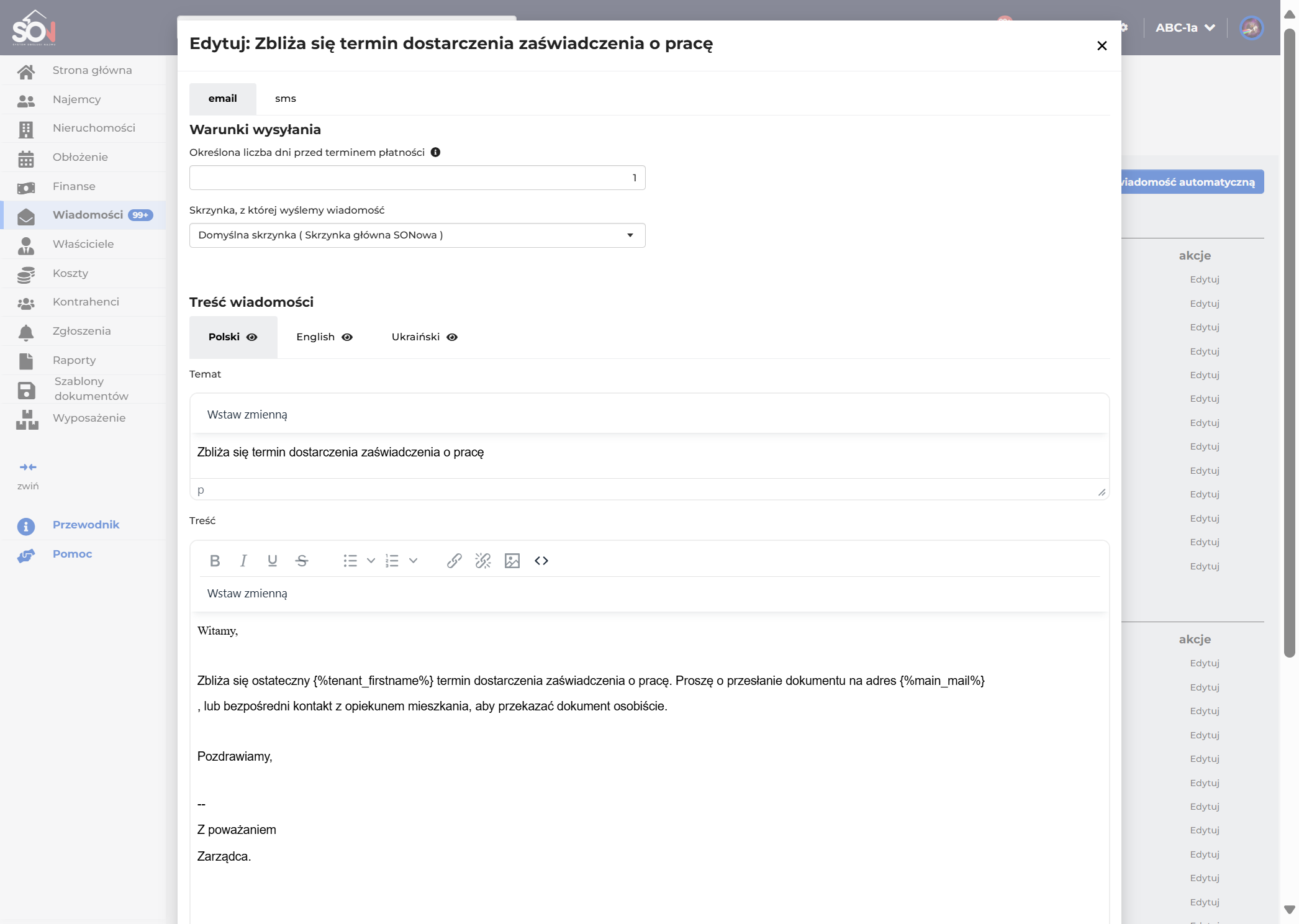 W tym miejscu przełączasz się między konfiguracją treści e-mail oraz SMS.