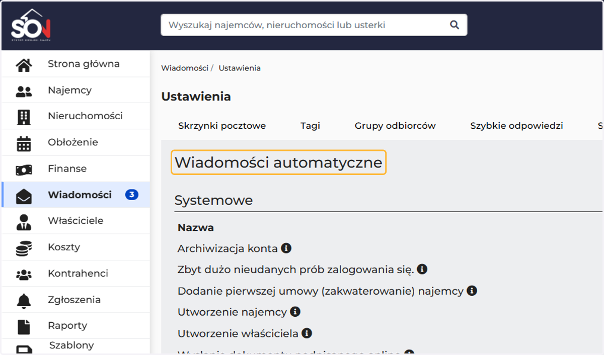 Wyświetli się lista wiadomości automatycznych, które są podzielone na różne kategorie