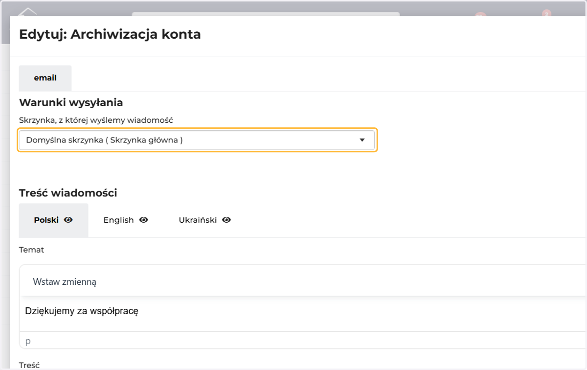 Możesz zmienić skrzynkę, z której będzie wysyłana wiadomość (jeśli jest dodanych kilka skrzynek)