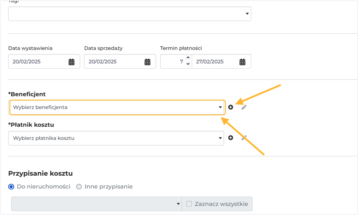 Wybierz z listy lub dodaj (+) osobę/podmiot, do której ma trafić wpłata
