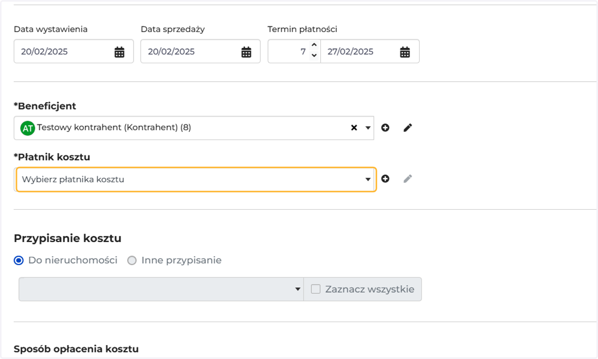 Wybierz osobę/podmiot, z której środków realizowany będzie koszt (np. oddział, właściciel itp.)