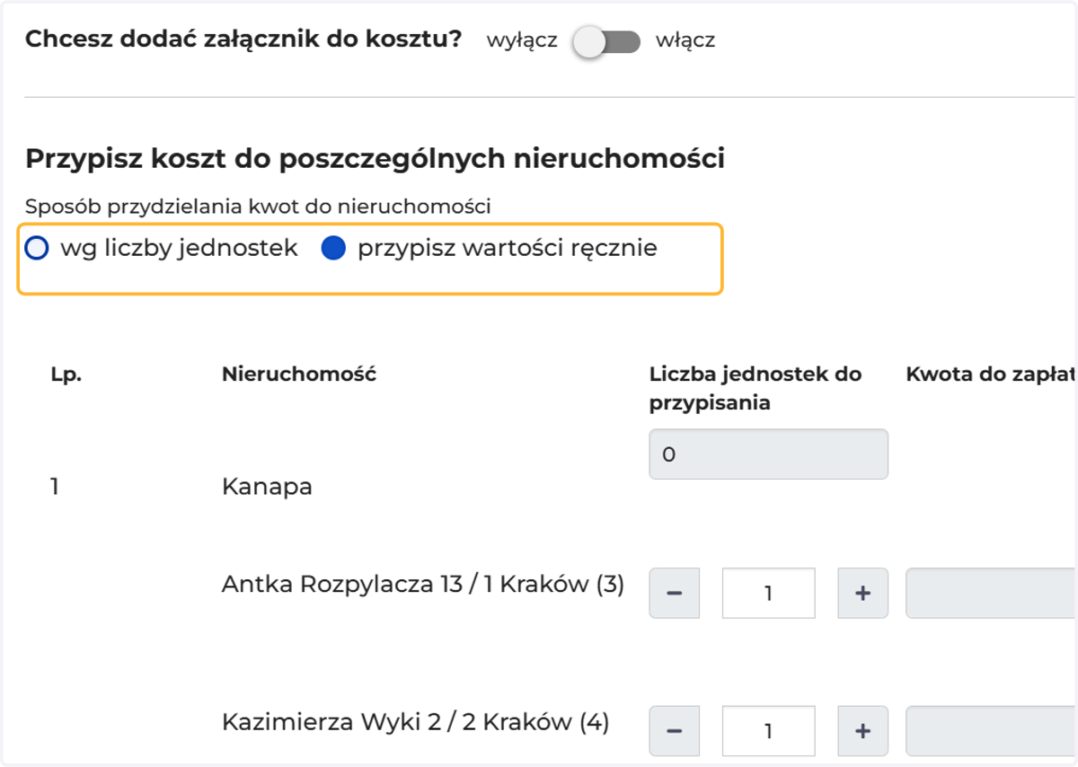 Określ, czy podział ma być wg jednostek czy wg kwot (ręczny podział)