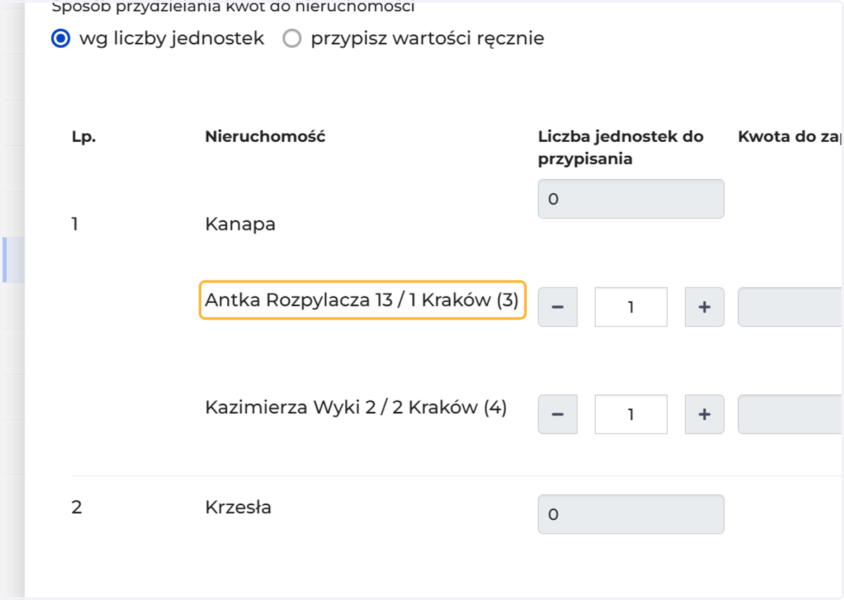 I rozdysponuj poszczególne pozycje do nieruchomości