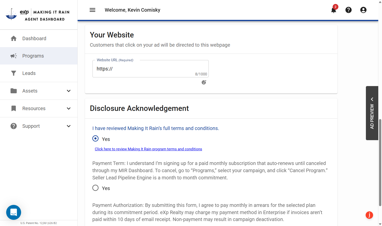 Review Acknowledgements & Select Yes
