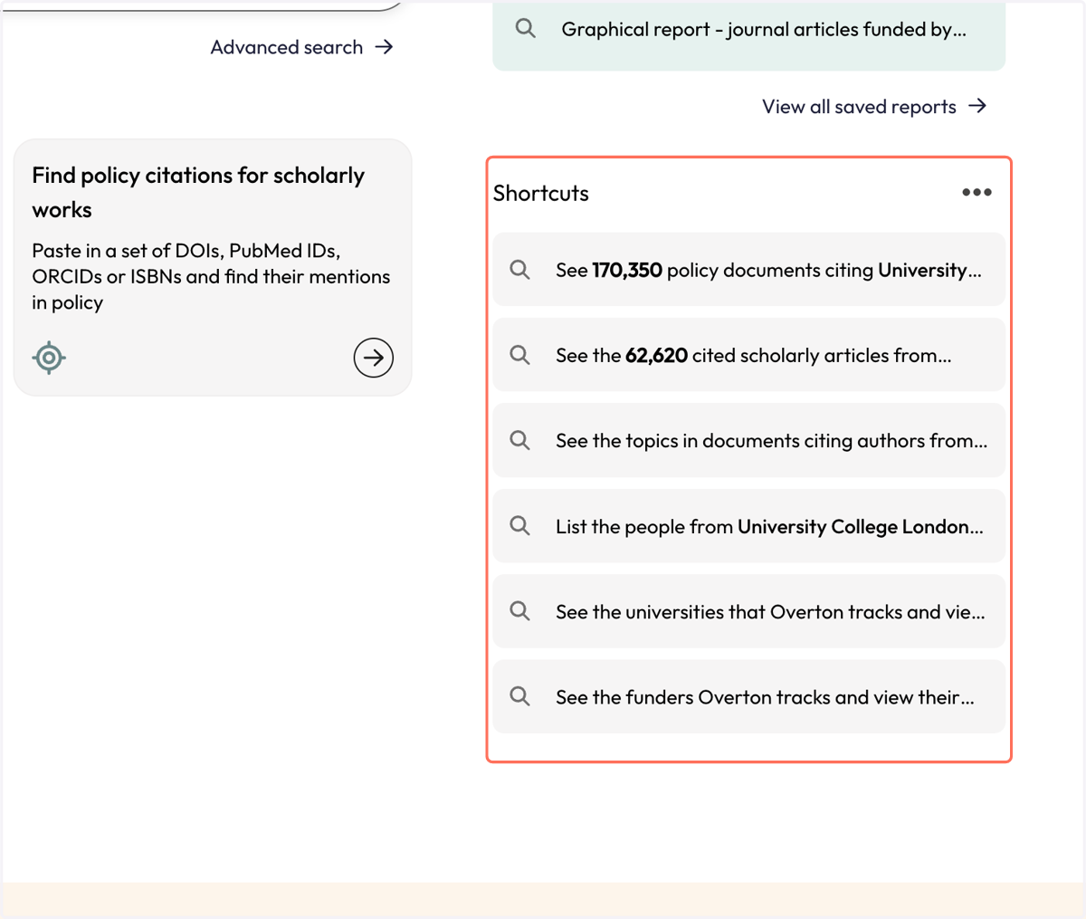 "Shortcuts" are customized to your institution and help you quickly find relevant results.
