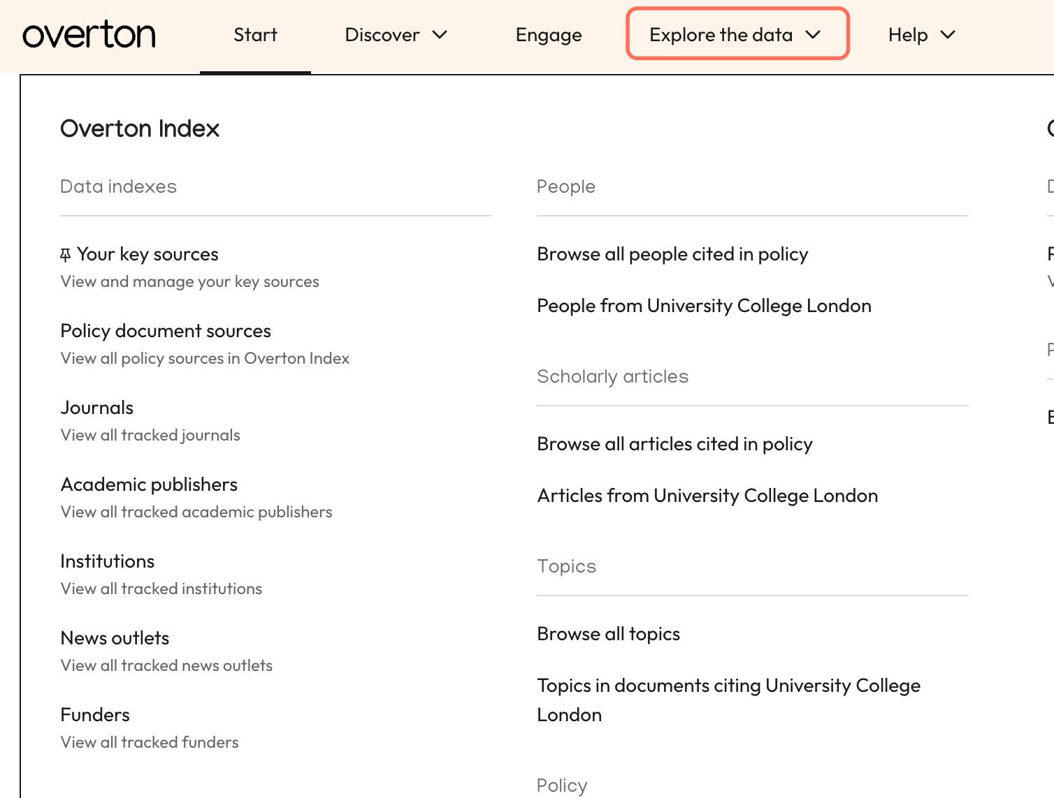 Click on "Explore the data" to learn more about Overton's data.