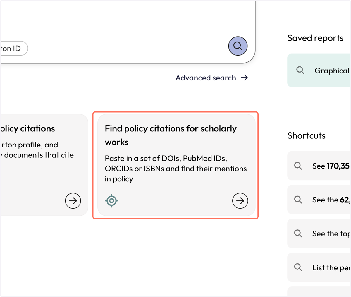 Click "Find policy citations for scholarly works" to search for a list of DOIs or other identifiers.
