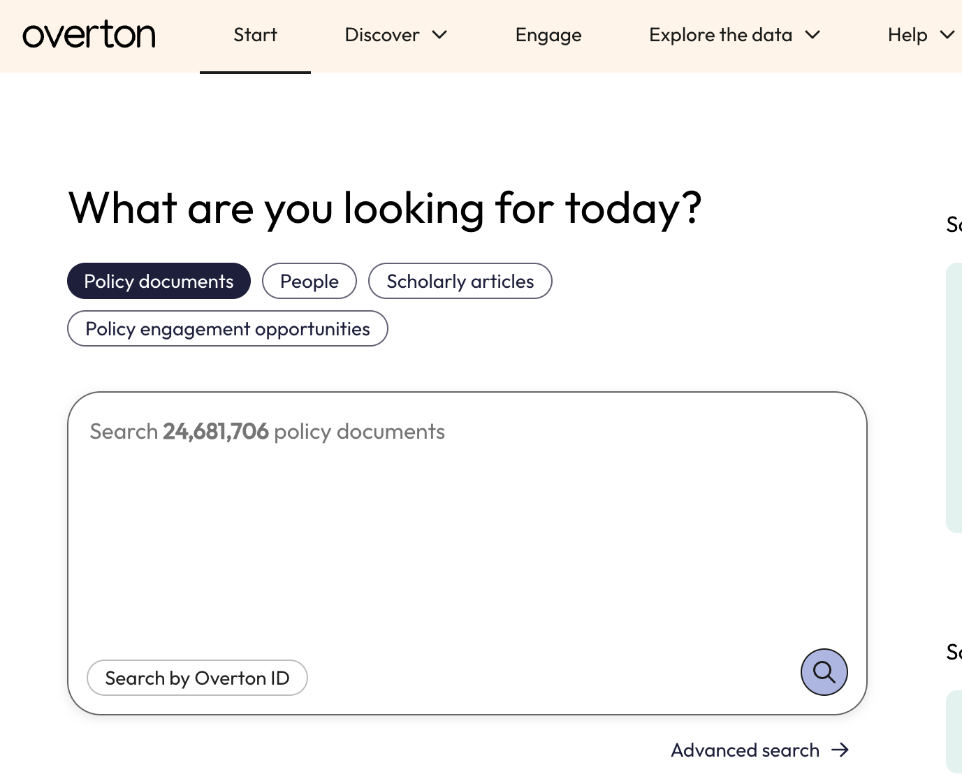 Click "overton" or "Start" to return to the Start page anytime.
