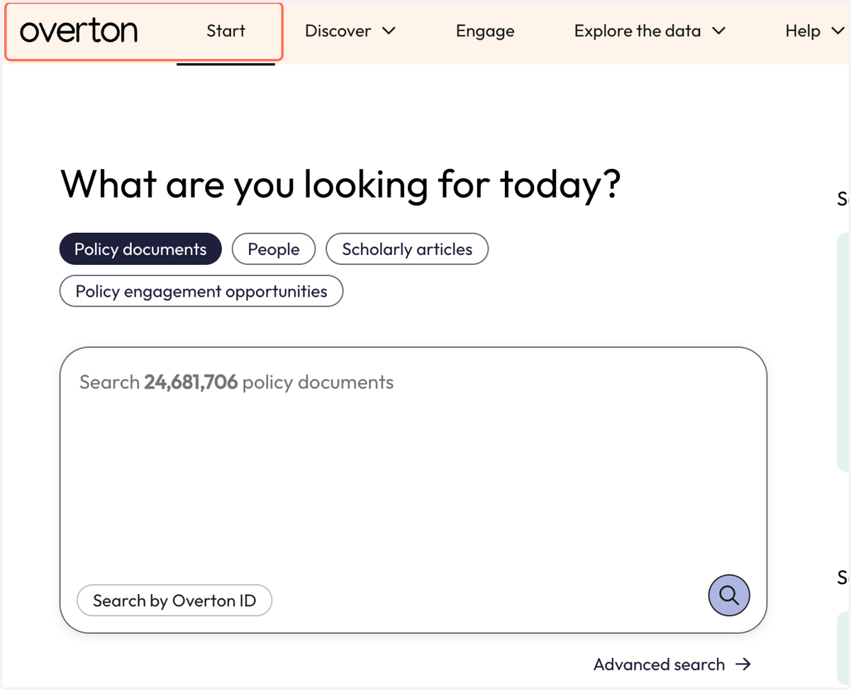 Click "overton" or "Start" to return to the Start page anytime.