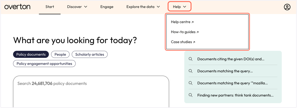 Click "Help" to access help material, guides, and case studies.