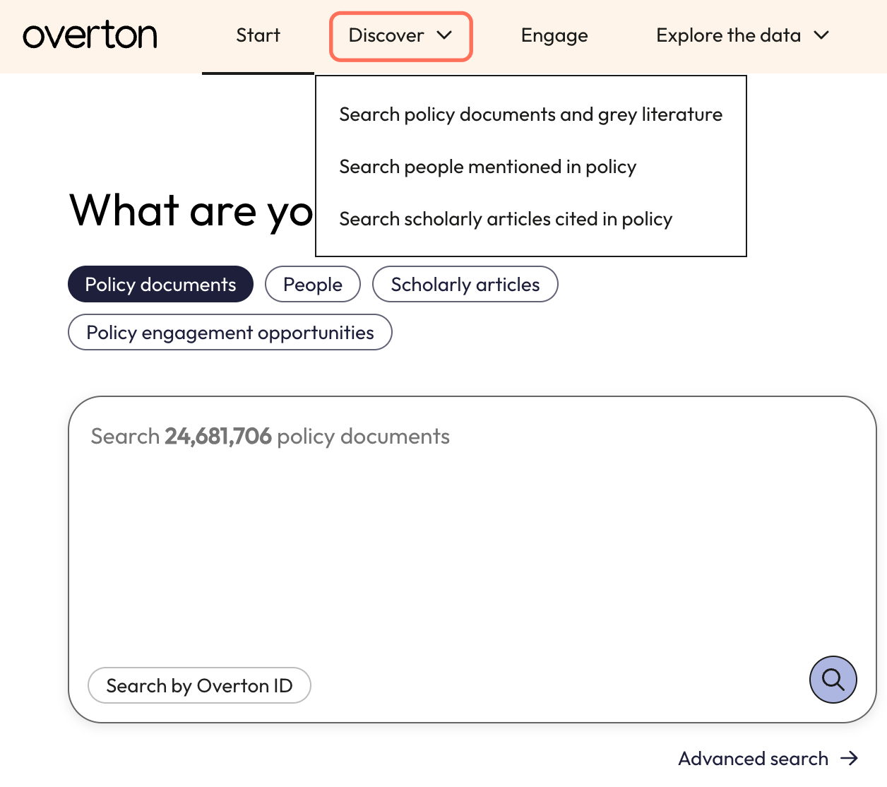 Click "Discover" to move between the 3 search modes.
