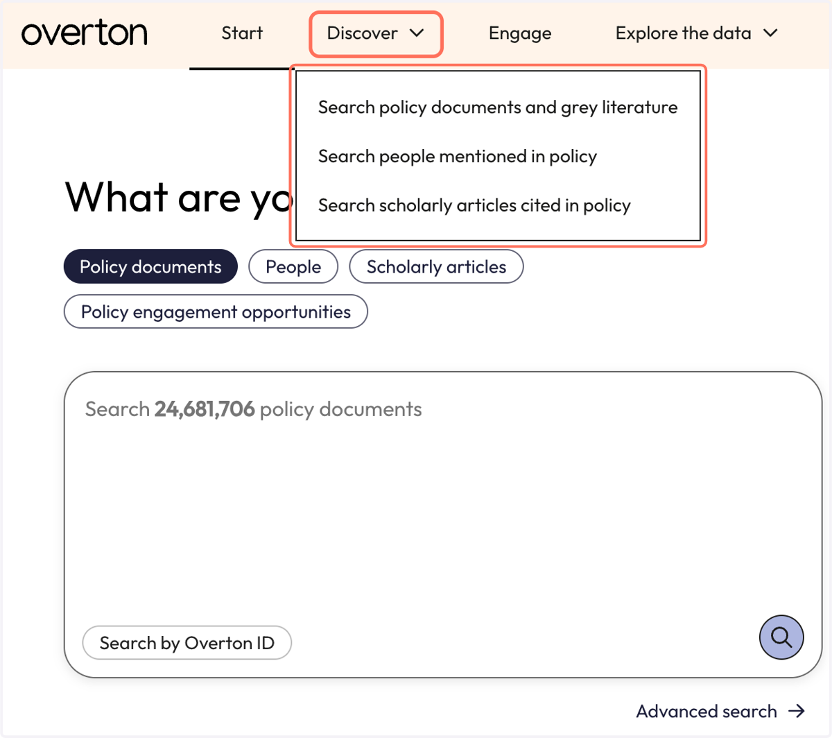Click "Discover" to move between the 3 search modes.