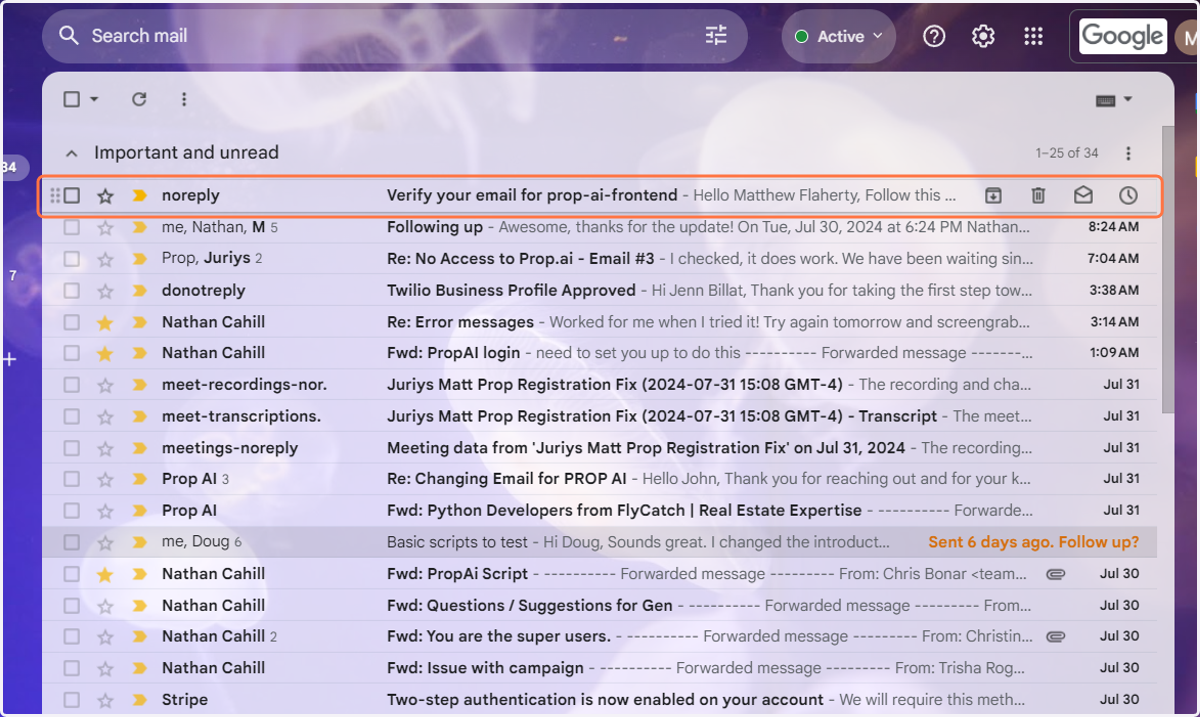 Click on the message from 'noreply' titled: "Verify your email for prop-ai-frontend."