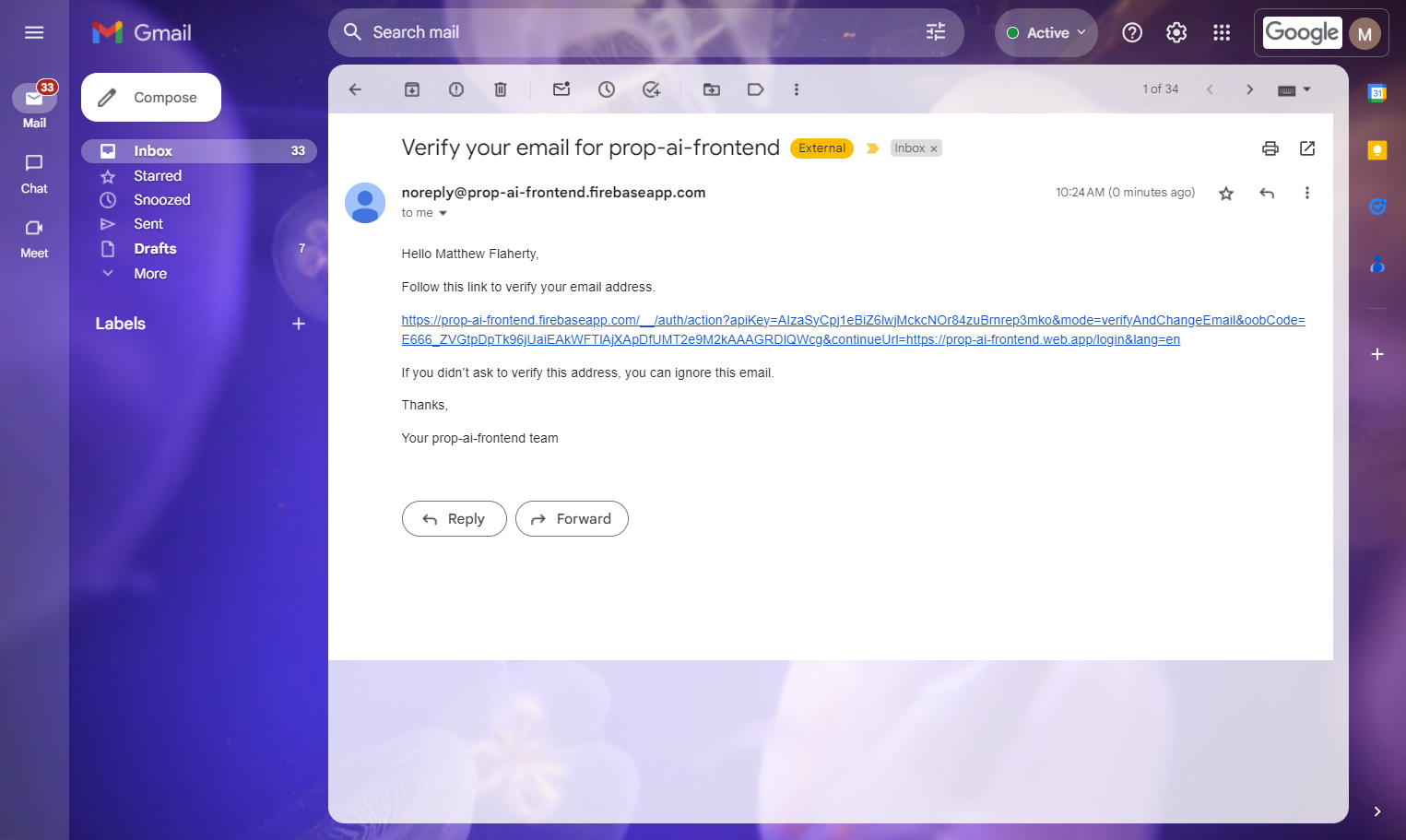 Click on the link inside your email ('Verify your email for prop-ai-frontend').