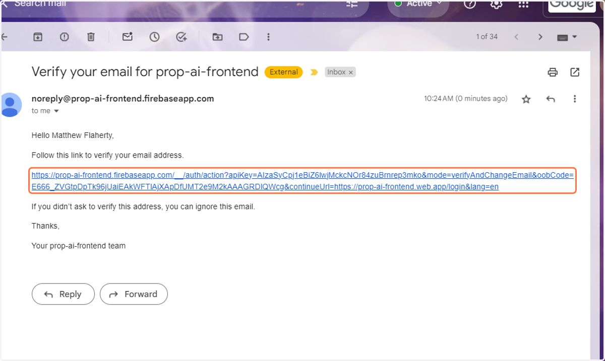 Click on the link inside your email ('Verify your email for prop-ai-frontend').