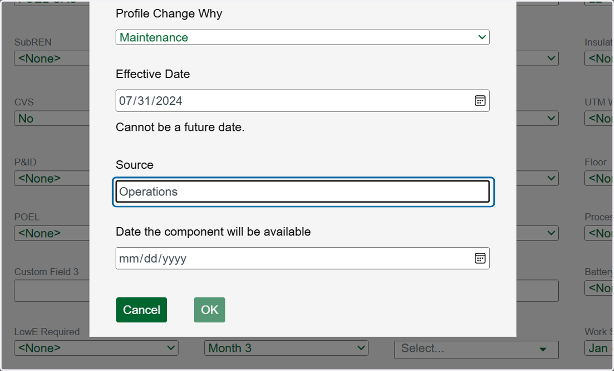 Enter the name of the person or organization reporting the component(s) as out of service (TUx) in the Source field.