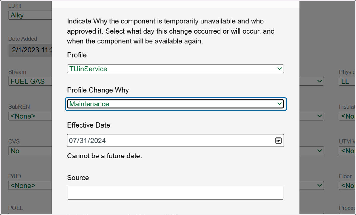 Select the reason for going out of service (TUx) in the Profile Change Why dropdown.