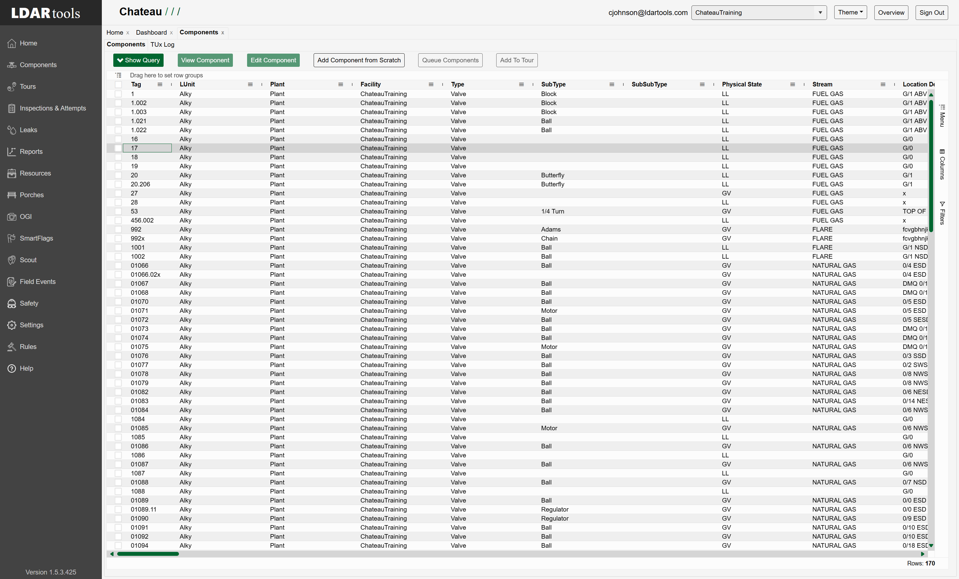 Select the row(s) that match the components you want to set out of service (TUx)
