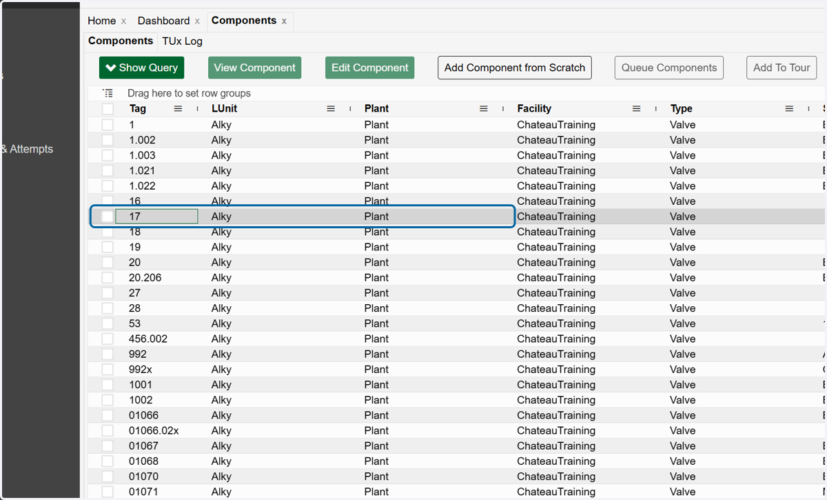 Select the row(s) that match the components you want to set out of service (TUx)