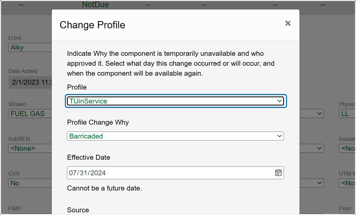 Select the out of service (TUx) type in the Profile dropdown.
