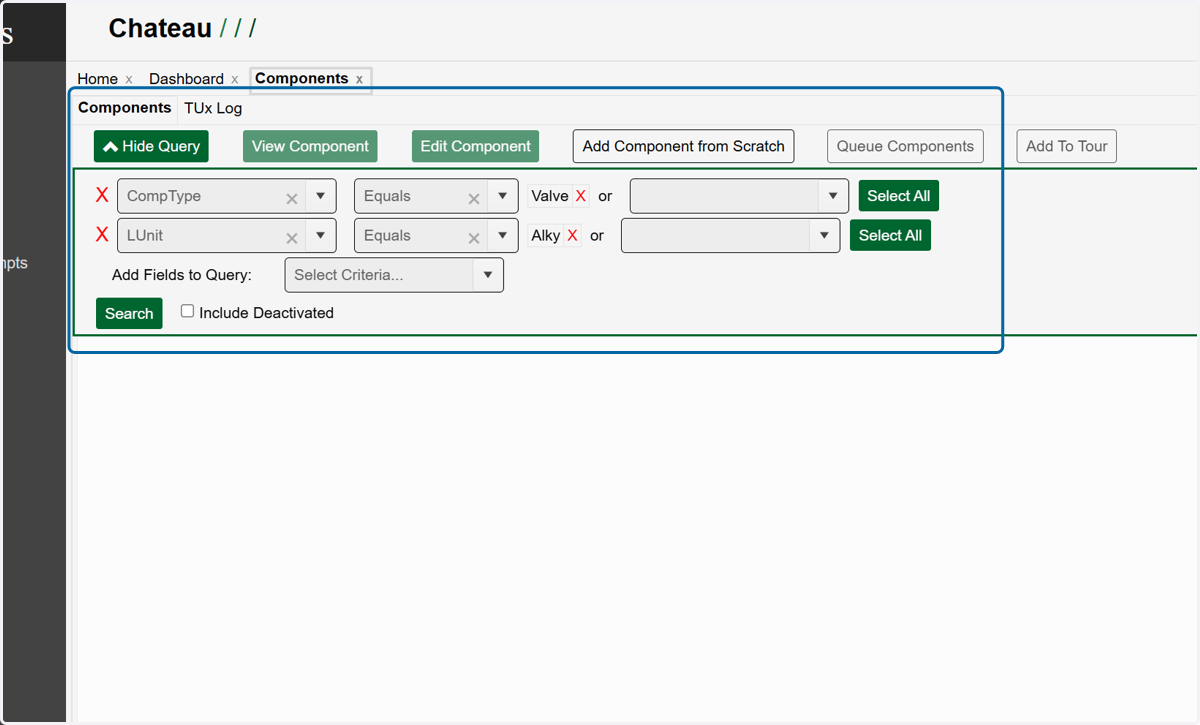 Utilize the query builder to find the component(s) you wish to set out of service (TUx).