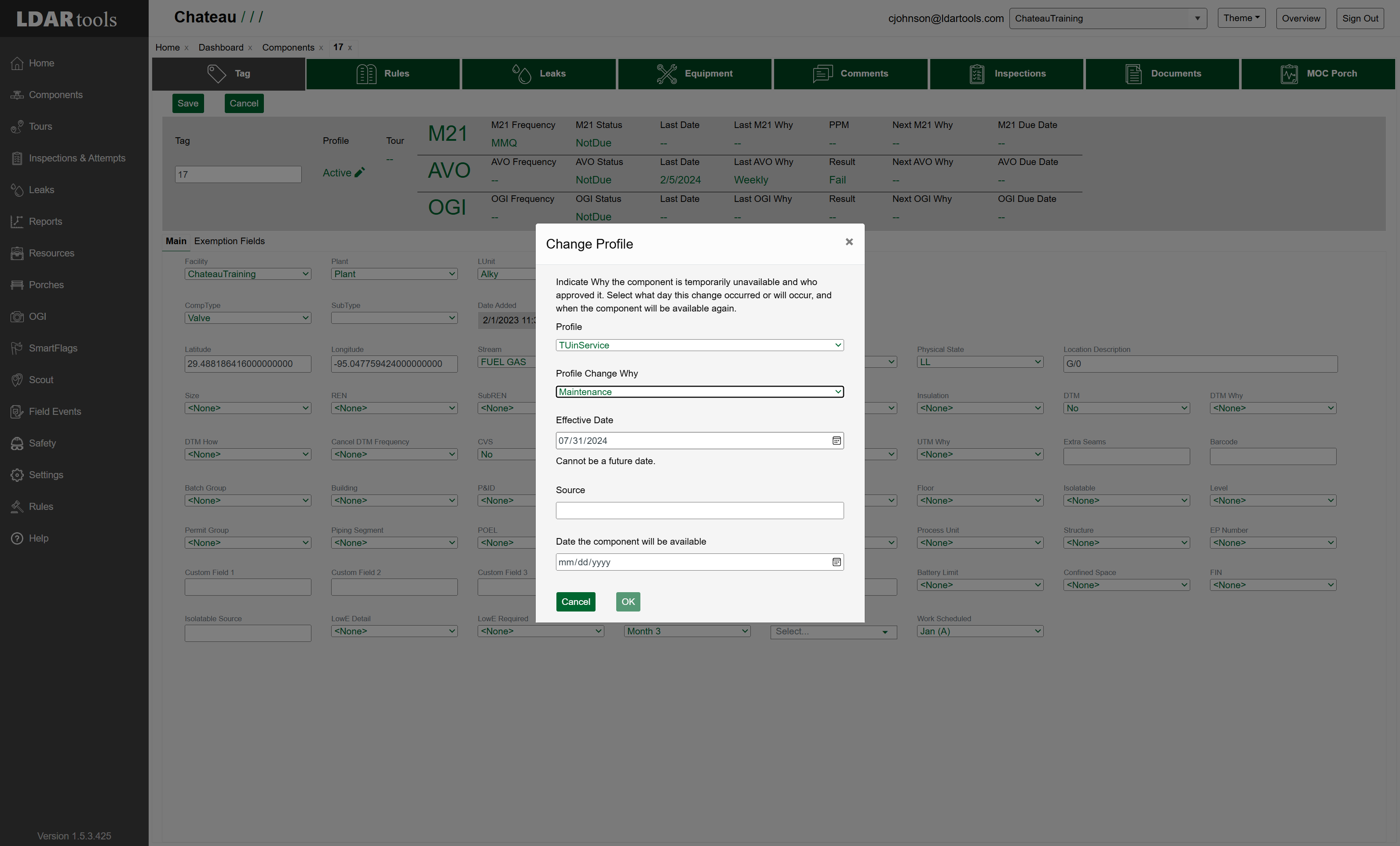 Select the date the component(s) went out of service (TUx) in the Effective Date field.