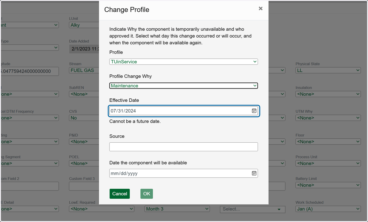 Select the date the component(s) went out of service (TUx) in the Effective Date field.